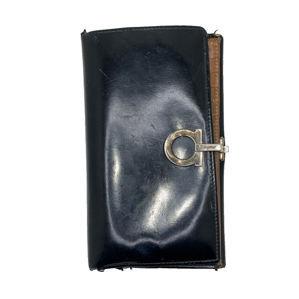 Salvatore Ferragamo Gancini Wallet Black Leather Silver Hardware Italy - Picture 8 of 10